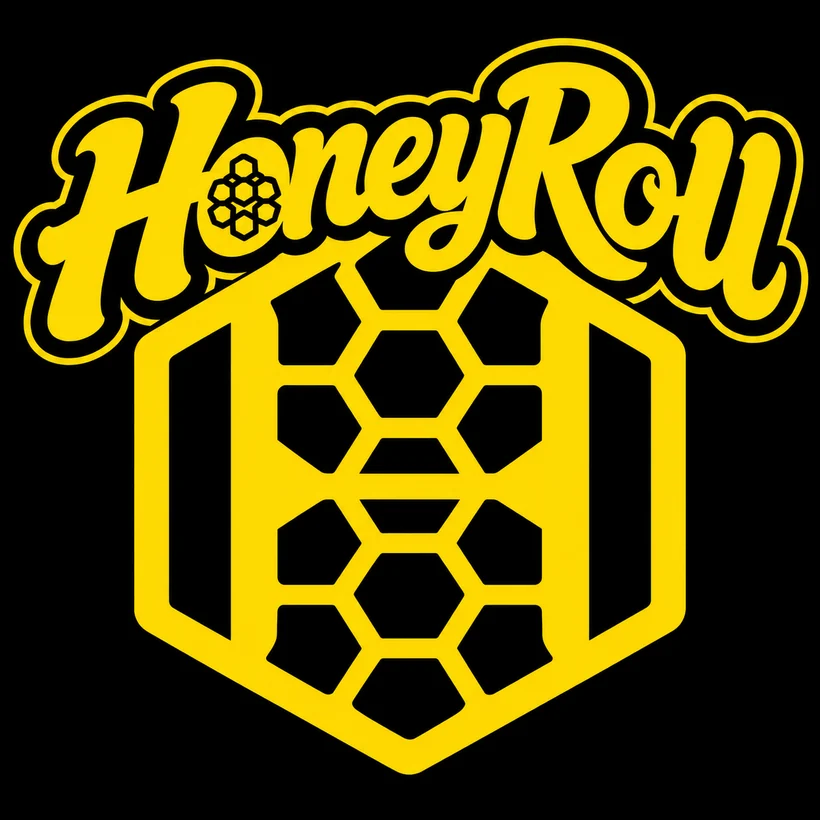 Yellow honeycomb emblem and HoneyRoll wordmark