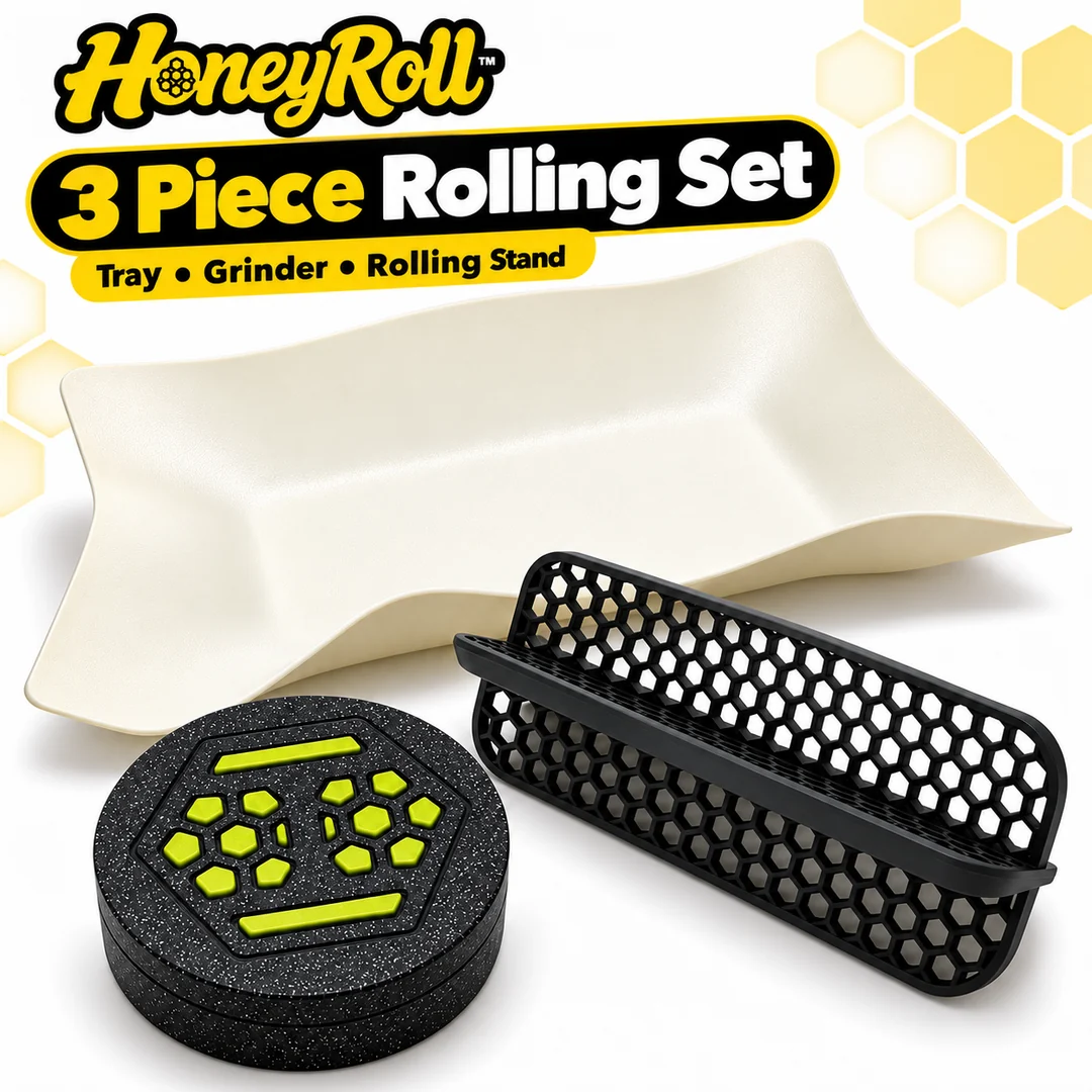 HoneyRoll three-piece rolling tray set with tray, grinder and stand